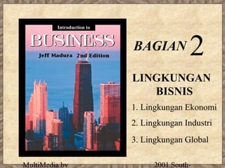 Introduction to



                           BAGIAN          2
                           LINGKUNGAN
                              BISNIS
                           1. Lingkungan Ekonomi
                           2. Lingkungan Industri
                           3. Lingkungan Global

MultiMedia by                    2001 South-
 