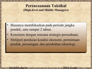 Perencaanaan Taktikal
           (High-level and Middle Managers)




•• Biasanya memfokuskan pada periode jangka
   Biasanya memfokuskan pada periode jangka
   pendek, satu sampai 2 tahun.
   pendek, satu sampai 2 tahun.
•• Konsisten dengan rencana strategis perusahaan.
   Konsisten dengan rencana strategis perusahaan.
•• Meliputi penilaian kondisi ekonomi, permintaan
   Meliputi penilaian kondisi ekonomi, permintaan
   produk, persaingan, dan perubahan teknologi.
   produk, persaingan, dan perubahan teknologi.




  MultiMedia by                        2001 South-
 