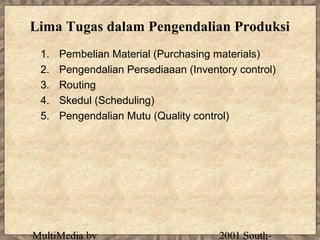 Lima Tugas dalam Pengendalian Produksi
 1.   Pembelian Material (Purchasing materials)
 2.   Pengendalian Persediaaan (Inventory control)
 3.   Routing
 4.   Skedul (Scheduling)
 5.   Pengendalian Mutu (Quality control)




MultiMedia by                         2001 South-
 