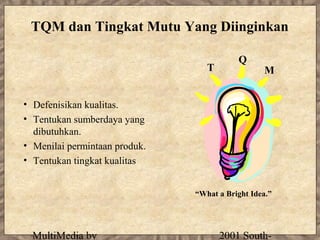 TQM dan Tingkat Mutu Yang Diinginkan

                                          Q
                                  T              M


• Defenisikan kualitas.
• Tentukan sumberdaya yang
  dibutuhkan.
• Menilai permintaan produk.
• Tentukan tingkat kualitas


                               “What a Bright Idea.”




  MultiMedia by                       2001 South-
 