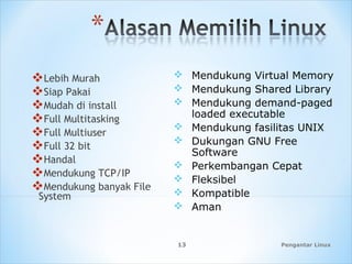 Pengantar Linux13
Lebih Murah
Siap Pakai
Mudah di install
Full Multitasking
Full Multiuser
Full 32 bit
Handal
Mendukung TCP/IP
Mendukung banyak File
System
 Mendukung Virtual Memory
 Mendukung Shared Library
 Mendukung demand-paged
loaded executable
 Mendukung fasilitas UNIX
 Dukungan GNU Free
Software
 Perkembangan Cepat
 Fleksibel
 Kompatible
 Aman
 