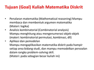 Tujuan (Goal) Kuliah Matematika Diskrit
• Penalaran matematika (Mathematical reasoning) Mampu
membaca dan membentuk argumen matematika
(Materi: logika)
• Analisis kombinatorial (Combinatorial analysis)
Mampu menghitung atau mengenumerasi objek-objek
(materi: kombinatorial permutasi, kombinasi, dll)
• Aplikasi dan pemodelan
Mampu mengaplikasikan matematika diskrit pada hampir
setiap area bidang studi, dan mampu memodelkan persoalan
dalam rangka problem-solving skill.
(Materi: pada sebagian besar kuliah ini)
 