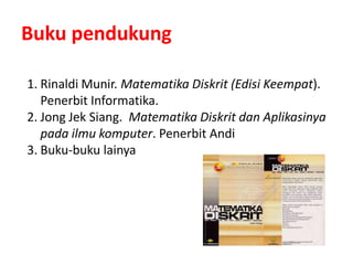 Buku pendukung
1. Rinaldi Munir. Matematika Diskrit (Edisi Keempat).
Penerbit Informatika.
2. Jong Jek Siang. Matematika Diskrit dan Aplikasinya
pada ilmu komputer. Penerbit Andi
3. Buku-buku lainya
 