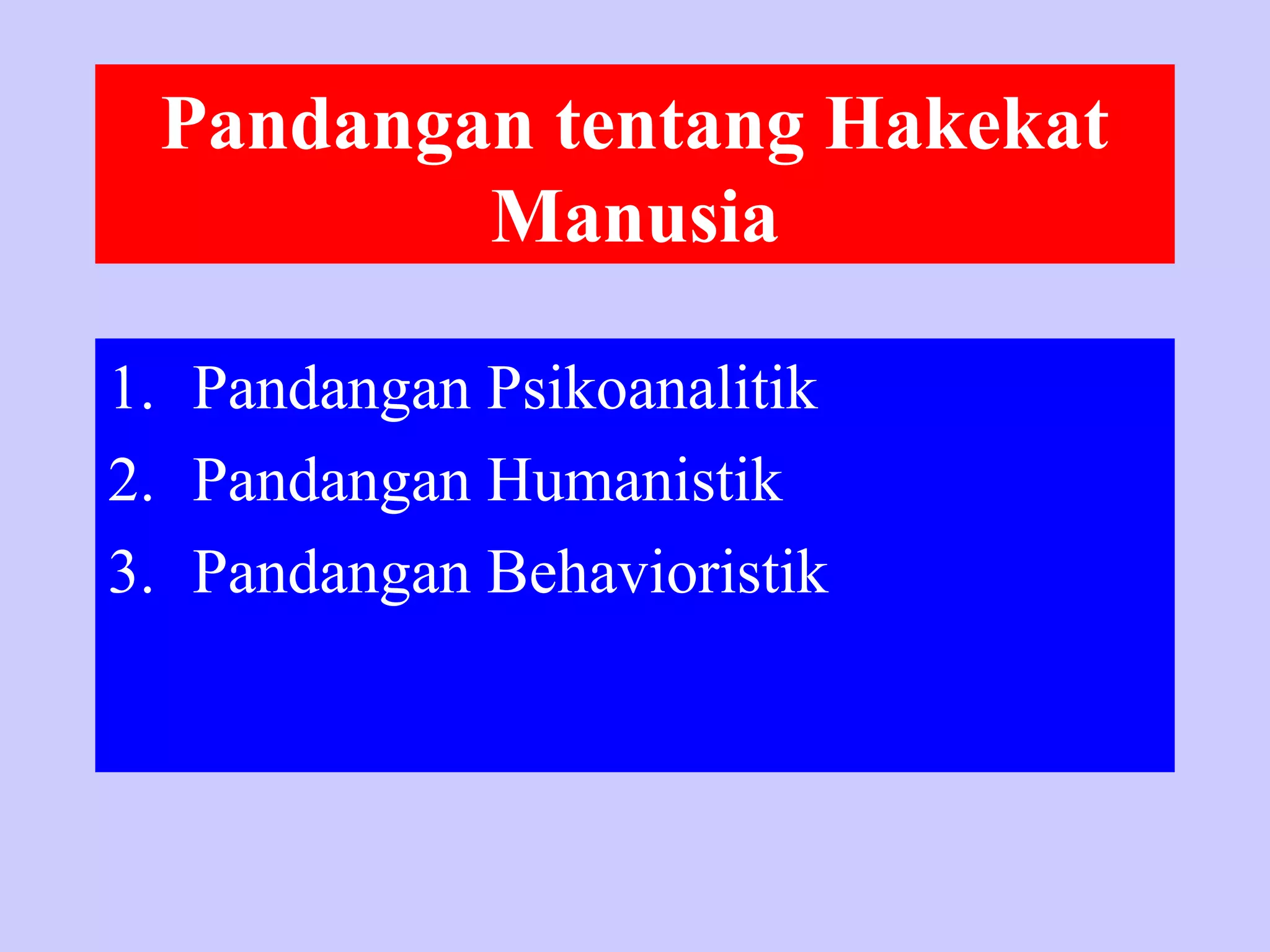 Pandangan tentang Hakekat
Manusia
1. Pandangan Psikoanalitik
2. Pandangan Humanistik
3. Pandangan Behavioristik
 