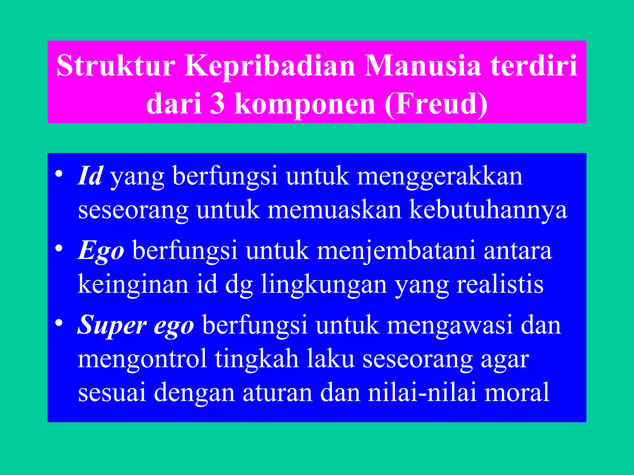 Struktur Kepribadian Manusia terdiri
dari 3 komponen (Freud)
• Id yang berfungsi untuk menggerakkan
seseorang untuk memuaskan kebutuhannya
• Ego berfungsi untuk menjembatani antara
keinginan id dg lingkungan yang realistis
• Super ego berfungsi untuk mengawasi dan
mengontrol tingkah laku seseorang agar
sesuai dengan aturan dan nilai-nilai moral
 