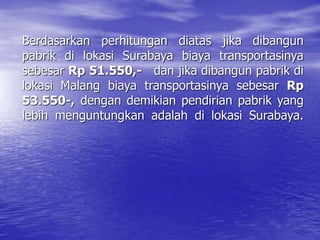 Berdasarkan perhitungan diatas jika dibangun
pabrik di lokasi Surabaya biaya transportasinya
sebesar Rp 51.550,- dan jika dibangun pabrik di
lokasi Malang biaya transportasinya sebesar Rp
53.550-, dengan demikian pendirian pabrik yang
lebih menguntungkan adalah di lokasi Surabaya.
 