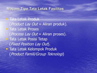 • Tata Letak Produk
(Product Lay Out = Aliran produk).
• Tata Letak Proses
(Process Lay Out = Aliran proses).
• Tata Letak Posisi Tetap
(Fixed Position Lay Out).
• Tata Letak Kelompok Produk
(Product Famili/Group Teknologi)
Macam Tipe Tata Letak Fasilitas
 