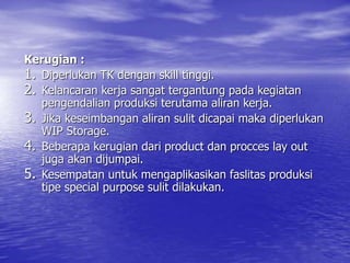 Kerugian :
1. Diperlukan TK dengan skill tinggi.
2. Kelancaran kerja sangat tergantung pada kegiatan
pengendalian produksi terutama aliran kerja.
3. Jika keseimbangan aliran sulit dicapai maka diperlukan
WIP Storage.
4. Beberapa kerugian dari product dan procces lay out
juga akan dijumpai.
5. Kesempatan untuk mengaplikasikan faslitas produksi
tipe special purpose sulit dilakukan.
 