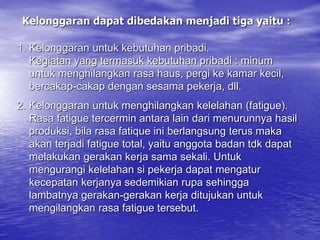 Kelonggaran dapat dibedakan menjadi tiga yaitu :
1. Kelonggaran untuk kebutuhan pribadi.
Kegiatan yang termasuk kebutuhan pribadi : minum
untuk menghilangkan rasa haus, pergi ke kamar kecil,
bercakap-cakap dengan sesama pekerja, dll.
2. Kelonggaran untuk menghilangkan kelelahan (fatigue).
Rasa fatigue tercermin antara lain dari menurunnya hasil
produksi, bila rasa fatique ini berlangsung terus maka
akan terjadi fatigue total, yaitu anggota badan tdk dapat
melakukan gerakan kerja sama sekali. Untuk
mengurangi kelelahan si pekerja dapat mengatur
kecepatan kerjanya sedemikian rupa sehingga
lambatnya gerakan-gerakan kerja ditujukan untuk
mengilangkan rasa fatigue tersebut.
 