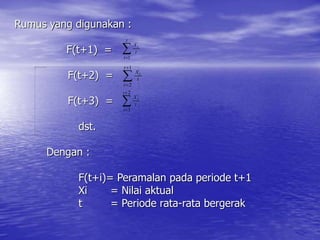 Rumus yang digunakan :
F(t+1) =
F(t+2) =
F(t+3) =
dst.
Dengan :
F(t+i)= Peramalan pada periode t+1
Xi = Nilai aktual
t = Periode rata-rata bergerak


t
i
t
Xt
1



1
2
t
i
t
Xt



2
3
t
i
t
Xt
 