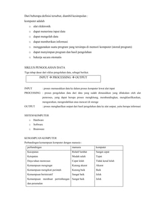 Dari beberapa definisi tersebut, diambil kesimpulan : 
komputer adalah 
o alat elektronik 
o dapat menerima input data 
o dapat mengolah data 
o dapat memberikan informasi 
o menggunakan suatu program yang tersimpa di memori komputer (stored program) 
o dapat menyimpan program dan hasil pengolahan 
o bekerja secara otomatis 
SIKLUS PENGOLAHAN DATA 
Tiga tahap dasar dari siklus pengolahan data, sebagai berikut. 
INPUT  PROCESSING  OUTPUT 
INPUT : proses memasukkan data ke dalam proses komputer lewat alat input 
PROCESSING : proses pengolahan data dari data yang sudah dimasukkan yang dilakukan oleh alat 
pemroses, yang dapat berupa proses menghitung, membandingkan, mengklasifikasikan, 
mengurutkan, mengendalikan atau mencari di storage 
OUTPUT : proses menghasilkan output dari hasil pengolahan data ke alat output, yaitu berupa informasi 
SISTEM KOMPUTER 
o Hardware 
o Software 
o Brainware 
KEMAMPUAN KOMPUTER 
Perbandingan kemampuan komputer dengan manusia : 
perbandingan manusia komputer 
Kecepatan 
Relatif lambat 
Ketepatan 
Mudah salah 
Daya tahan memroses 
Cepat lelah 
Kemampuan mengingat 
Kurang akurat 
Kemampuan mengikuti perintah 
Kurang baik 
Kemampuan berinisiatif 
Sangat baik 
Kemampuan membuat pertimbangan 
Sangat baik 
dan peramalan 
Sangat cepat 
Tepat 
Tidak kenal lelah 
Akurat 
Baik 
Jelek 
Jelek 
 