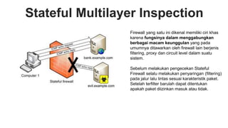 Stateful Multilayer Inspection
Firewall yang satu ini dikenal memiliki ciri khas
karena fungsinya dalam menggabungkan
berbagai macam keunggulan yang pada
umumnya ditawarkan oleh firewall lain berjenis
filtering, proxy dan circuit level dalam suatu
sistem.
Sebelum melakukan pengecekan Stateful
Firewall selalu melakukan penyaringan (filtering)
pada jalur lalu lintas sesuai karakteristik paket.
Setelah terfilter barulah dapat ditentukan
apakah paket diizinkan masuk atau tidak.
 