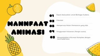 Penggunaan Voiceover (Pengisi suara)
Dapat disesuaikan untuk Berbagai Audiens
Fleksibel
Memperluas Materi Pemasaran yang Ada
Menyampaikan Informasi Kompleks dengan
Cara Sederhana
 