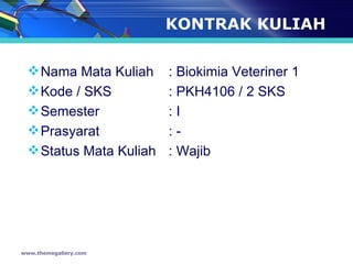 KONTRAK KULIAH Nama Mata Kuliah  : Biokimia Veteriner 1 Kode / SKS : PKH4106 / 2 SKS Semester : I Prasyarat : - Status Mata Kuliah : Wajib www.themegallery.com 