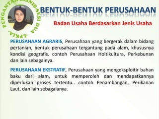 Badan Usaha Berdasarkan Jenis Usaha

PERUSAHAAN AGRARIS, Perusahaan yang bergerak dalam bidang
pertanian, bentuk perusahaan tergantung pada alam, khususnya
kondisi geografis. contoh Perusahaan Holtikultura, Perkebunan
dan lain sebagainya.
PERUSAHAAN EKSTRATIF, Perusahaan yang mengeksploitir bahan
baku dari alam, untuk memperoleh dan mendapatkannya
diperlukan proses tertentu.. contoh Penambangan, Perikanan
Laut, dan lain sebagaianya.
 