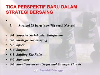 TIGA PERSPEKTIF BARU DALAM
STRATEGI BERSAING
•
3. Strategi 7S baru (new 7S) versi D’Aveni
• S-1: Superior Stakeholder Satisfaction
• S-2: Strategic Soothsaying
• S-3: Speed
• S-4: Surprise
• S-5: Shifting The Rules
• S-6: Signaling
• S-7: Simultaneous and Sequential Strategic Thrusts
Penerbit Erlangga
 