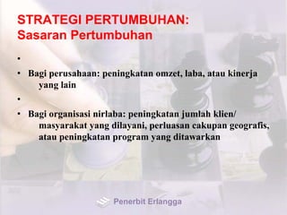 STRATEGI PERTUMBUHAN:
Sasaran Pertumbuhan
•
• Bagi perusahaan: peningkatan omzet, laba, atau kinerja
yang lain
•
• Bagi organisasi nirlaba: peningkatan jumlah klien/
masyarakat yang dilayani, perluasan cakupan geografis,
atau peningkatan program yang ditawarkan
Penerbit Erlangga
 