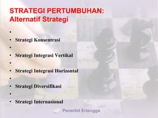 STRATEGI PERTUMBUHAN:
Alternatif Strategi
•
• Strategi Konsentrasi
•
• Strategi Integrasi Vertikal
•
• Strategi Integrasi Horizontal
•
• Strategi Diversifikasi
•
• Strategi Internasional
Penerbit Erlangga
 