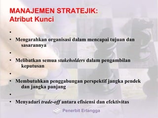 MANAJEMEN STRATEJIK:
Atribut Kunci
•
• Mengarahkan organisasi dalam mencapai tujuan dan
sasarannya
•
• Melibatkan semua stakeholders dalam pengambilan
keputusan
•
• Membutuhkan penggabungan perspektif jangka pendek
dan jangka panjang
•
• Menyadari trade-off antara efisiensi dan efektivitas
Penerbit Erlangga
 