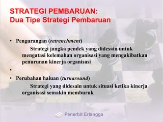 STRATEGI PEMBARUAN:
Dua Tipe Strategi Pembaruan
• Pengurangan (retrenchment)
Strategi jangka pendek yang didesain untuk
mengatasi kelemahan organisasi yang mengakibatkan
penurunan kinerja organisasi
•
• Perubahan haluan (turnaround)
Strategi yang didesain untuk situasi ketika kinerja
organisasi semakin memburuk
Penerbit Erlangga
 