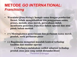 METODE GO INTERNATIONAL:
Franchising
•
• Waralaba (franchising): hampir sama dengan pemberian
lisensi. Selain menghibahkan izin penggunaan nama,
proses, metode, atau merek, perusahaan induk
membantu penerima franchise dalam operasi dan atau
pasok bahan mentah
•
• (+) Meningkatnya penerimaan dan perluasan nama merek
produk, serta perluasan pasar
•
• (-) Bagaimana mengatasi masalah kontrol terhadap
kualitas dan standar operasi
(-) Perlunya melakukan sedikit adaptasi terhadap
produk atau jasa yang sudah distandardisasi
Penerbit Erlangga
 