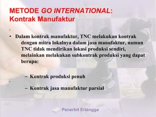 METODE GO INTERNATIONAL:
Kontrak Manufaktur
•
• Dalam kontrak manufaktur, TNC melakukan kontrak
dengan mitra lokalnya dalam jasa manufaktur, namun
TNC tidak mendirikan lokasi produksi sendiri,
melainkan melakukan subkontrak produksi yang dapat
berupa:
– Kontrak produksi penuh
•
– Kontrak jasa manufaktur parsial
Penerbit Erlangga
 