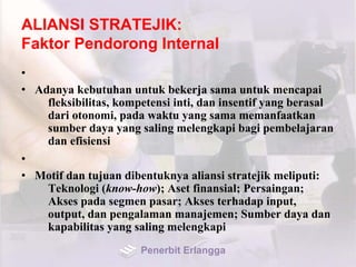 ALIANSI STRATEJIK:
Faktor Pendorong Internal
•
• Adanya kebutuhan untuk bekerja sama untuk mencapai
fleksibilitas, kompetensi inti, dan insentif yang berasal
dari otonomi, pada waktu yang sama memanfaatkan
sumber daya yang saling melengkapi bagi pembelajaran
dan efisiensi
•
• Motif dan tujuan dibentuknya aliansi stratejik meliputi:
Teknologi (know-how); Aset finansial; Persaingan;
Akses pada segmen pasar; Akses terhadap input,
output, dan pengalaman manajemen; Sumber daya dan
kapabilitas yang saling melengkapi
Penerbit Erlangga
 