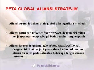 PETA GLOBAL ALIANSI STRATEJIK
•
Aliansi stratejik dalam skala global dikategorikan menjadi:
•
• Aliansi patungan (alliance joint venture), dengan ciri mitra
kerja (partner) tetap sebagai badan usaha yang terpisah
•
• Aliansi khusus fungsional (functional-spesific alliance),
dengan ciri tidak terjadi pemisahan badan hukum dan
aliansi terbatas pada satu atau beberapa fungsi khusus
tertentu
Penerbit Erlangga
 