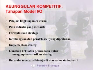 KEUNGGULAN KOMPETITIF:
Tahapan Model I/O
•
• Pelajari lingkungan eksternal
•
• Pilih industri yang menarik
•
• Formulasikan strategi
•
• Kembangkan dan peroleh aset yang diperlukan
•
• Implementasi strategi
•
• Gunakan kekuatan perusahaan untuk
mengimplementasikan strategi
•
• Berusaha mencapai kinerja di atas rata-rata industri
Penerbit Erlangga
 