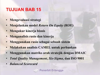 TUJUAN BAB 15
• Mengevaluasi strategi•
• Menjelaskan model Return On Equity (ROE)•
• Mengukur kinerja bisnis•
• Menganalisis rasio dan kinerja•
• Menggunakan rasio sebagai sebuah sistem•
• Melakukan analisis CAMEL untuk perbankan•
• Menggunakan matriks arah stratejik dengan DMAIC•
• Total Quality Management, Six-Sigma, dan ISO 9001•
• Balanced Scorecard
Penerbit Erlangga
 
