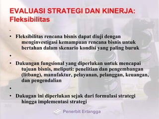 EVALUASI STRATEGI DAN KINERJA:
Fleksibilitas
•
• Fleksibilitas rencana bisnis dapat diuji dengan
menginvestigasi kemampuan rencana bisnis untuk
bertahan dalam skenario kondisi yang paling buruk
•
• Dukungan fungsional yang diperlukan untuk mencapai
tujuan bisnis, meliputi: penelitian dan pengembangan
(litbang), manufaktur, pelayanan, pelanggan, keuangan,
dan pengendalian
•
• Dukugan ini diperlukan sejak dari formulasi strategi
hingga implementasi strategi
Penerbit Erlangga
 