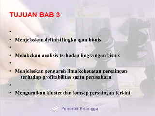 TUJUAN BAB 3
•
• Menjelaskan definisi lingkungan bisnis
•
• Melakukan analisis terhadap lingkungan bisnis
•
• Menjelaskan pengaruh lima kekeuatan persaingan
terhadap profitabilitas suatu perusahaan
•
• Menguraikan kluster dan konsep persaingan terkini
Penerbit Erlangga
 
