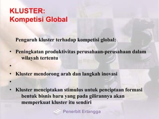 KLUSTER:
Kompetisi Global
Pengaruh kluster terhadap kompetisi global:
• Peningkatan produktivitas perusahaan-perusahaan dalam
wilayah tertentu
•
• Kluster mendorong arah dan langkah inovasi
•
• Kluster menciptakan stimulus untuk penciptaan formasi
bentuk bisnis baru yang pada gilirannya akan
memperkuat kluster itu sendiri
Penerbit Erlangga
 