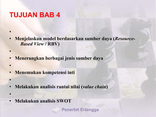TUJUAN BAB 4
•
• Menjelaskan model berdasarkan sumber daya (Resource-
Based View / RBV)
•
• Menerangkan berbagai jenis sumber daya
•
• Menemukan kompetensi inti
•
• Melakukan analisis rantai nilai (value chain)
•
• Melakukan analisis SWOT
Penerbit Erlangga
 