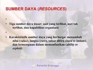 SUMBER DAYA (RESOURCES)
•
• Tiga sumber daya dasar: aset yang terlihat, aset tak
terlihat, dan kapabilitas organisasi
•
• Karakteristik sumber daya yang berharga: menambah
nilai (value), langka (rare), sukar ditiru (hard to imitate),
dan kemampuan dalam memanfaatkan (ability to
exploit)
Penerbit Erlangga
 