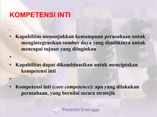KOMPETENSI INTI
•
• Kapabilitas menunjukkan kemampuan perusahaan untuk
mengintegrasikan sumber daya yang dimilikinya untuk
mencapai tujuan yang diinginkan
•
• Kapabilitas dapat dikombinasikan untuk menciptakan
kompetensi inti
•
• Kompetensi inti (core competence): apa yang dilakukan
perusahaan, yang bernilai secara stratejik
Penerbit Erlangga
 