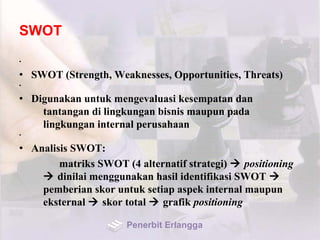 SWOT
•
• SWOT (Strength, Weaknesses, Opportunities, Threats)
•
• Digunakan untuk mengevaluasi kesempatan dan
tantangan di lingkungan bisnis maupun pada
lingkungan internal perusahaan
•
• Analisis SWOT:
matriks SWOT (4 alternatif strategi)  positioning
 dinilai menggunakan hasil identifikasi SWOT 
pemberian skor untuk setiap aspek internal maupun
eksternal  skor total  grafik positioning
Penerbit Erlangga
 