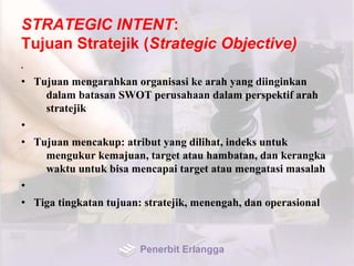 STRATEGIC INTENT:
Tujuan Stratejik (Strategic Objective)
•
• Tujuan mengarahkan organisasi ke arah yang diinginkan
dalam batasan SWOT perusahaan dalam perspektif arah
stratejik
•
• Tujuan mencakup: atribut yang dilihat, indeks untuk
mengukur kemajuan, target atau hambatan, dan kerangka
waktu untuk bisa mencapai target atau mengatasi masalah
•
• Tiga tingkatan tujuan: stratejik, menengah, dan operasional
Penerbit Erlangga
 