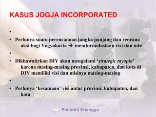 KASUS JOGJA INCORPORATED
•
• Perlunya suatu perencanaan jangka panjang dan rencana
aksi bagi Yogyakarta  memformulasikan visi dan misi
•
• Dikhawatirkan DIY akan mengalami ‘strategic myopia’
karena masing-masing provinsi, kabupaten, dan kota di
DIY memiliki visi dan misinya masing-masing
•
• Perlunya ‘kesamaan’ visi antar provinsi, kabupaten, dan
kota
Penerbit Erlangga
 