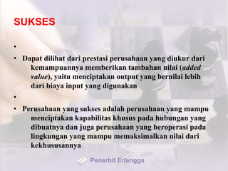 SUKSES
•
• Dapat dilihat dari prestasi perusahaan yang diukur dari
kemampuannya memberikan tambahan nilai (added
value), yaitu menciptakan output yang bernilai lebih
dari biaya input yang digunakan
•
• Perusahaan yang sukses adalah perusahaan yang mampu
menciptakan kapabilitas khusus pada hubungan yang
dibuatnya dan juga perusahaan yang beroperasi pada
lingkungan yang mampu memaksimalkan nilai dari
kekhususannya
Penerbit Erlangga
 