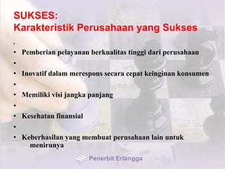 SUKSES:
Karakteristik Perusahaan yang Sukses
•
• Pemberian pelayanan berkualitas tinggi dari perusahaan
•
• Inovatif dalam merespons secara cepat keinginan konsumen
•
• Memiliki visi jangka panjang
•
• Kesehatan finansial
•
• Keberhasilan yang membuat perusahaan lain untuk
menirunya
Penerbit Erlangga
 