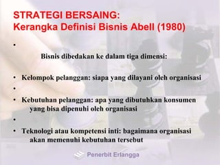 STRATEGI BERSAING:
Kerangka Definisi Bisnis Abell (1980)
•
Bisnis dibedakan ke dalam tiga dimensi:
• Kelompok pelanggan: siapa yang dilayani oleh organisasi
•
• Kebutuhan pelanggan: apa yang dibutuhkan konsumen
yang bisa dipenuhi oleh organisasi
•
• Teknologi atau kompetensi inti: bagaimana organisasi
akan memenuhi kebutuhan tersebut
Penerbit Erlangga
 