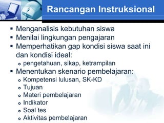 Rancangan Instruksional

 Menganalisis kebutuhan siswa
 Menilai lingkungan pengajaran
 Memperhatikan gap kondisi siswa saat ini
  dan kondisi ideal:
     pengetahuan, sikap, ketrampilan
 Menentukan skenario pembelajaran:
     Kompetensi lulusan, SK-KD
     Tujuan
     Materi pembelajaran
     Indikator
     Soal tes
     Aktivitas pembelajaran
 