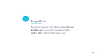 14
Fungsi utama gardu induk adalah sebagai tempat
percabangan. Penurunan tegangan dilakukan
apabila ada beban di sekitar gardu induk
Fungsi Utama
 
