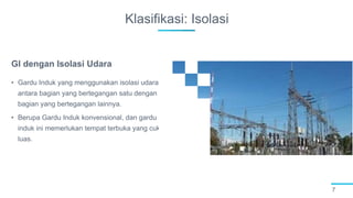 Klasifikasi: Isolasi
7
• Gardu Induk yang menggunakan isolasi udara
antara bagian yang bertegangan satu dengan
bagian yang bertegangan lainnya.
• Berupa Gardu Induk konvensional, dan gardu
induk ini memerlukan tempat terbuka yang cukup
luas.
GI dengan Isolasi Udara
 
