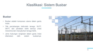 Klasifikasi: Sistem Busbar
9
• Busbar adalah komponen utama dalam gardu
induk.
• Titik percabangan trafo-trafo tenaga, SUTT,
SKTT, dan peralatan listrik lainnya untuk
menerima dan menyalurkan tenaga listrik.
• Jenis hubungan rangkaian dalam gardu induk
ditentukan oleh sistem busbarnya.
Busbar
 