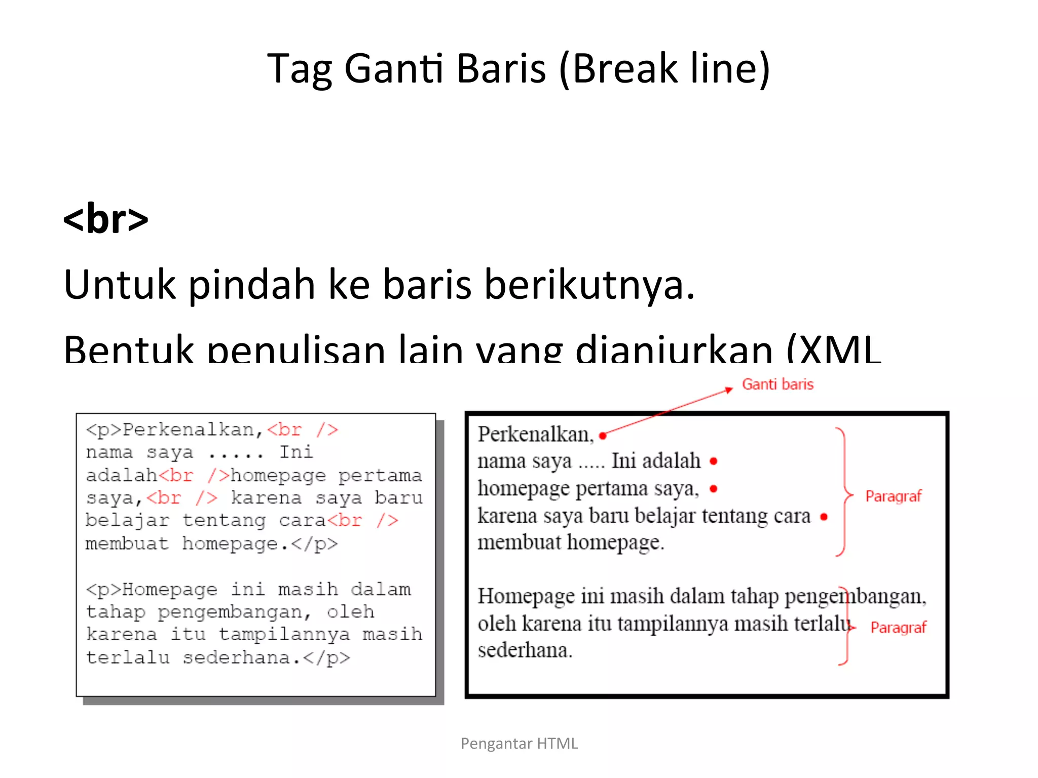 Tag	
  Gan>	
  Baris	
  (Break	
  line)	
  
	
  
<br>	
  
Untuk	
  pindah	
  ke	
  baris	
  berikutnya.	
  
Bentuk	
  penulisan	
  lain	
  yang	
  dianjurkan	
  (XML	
  
style)	
  :	
  
<br	
  />	
  
	
  
Pengantar	
  HTML	
  
 