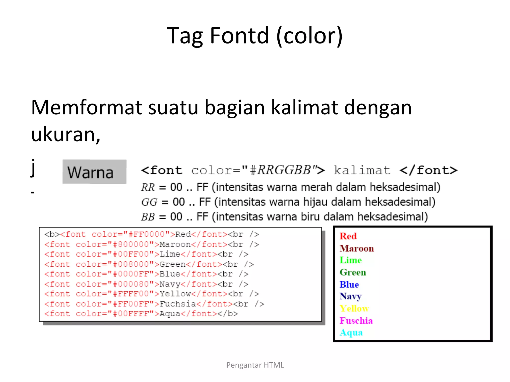 Tag	
  Fontd	
  (color)	
  
	
  
Memformat	
  suatu	
  bagian	
  kalimat	
  dengan	
  
ukuran,	
  
jenis	
  huruf,	
  atau	
  warna	
  tertentu.	
  
Tag	
  :	
  font	
  Parameter	
  :	
  size,	
  face,	
  color	
  
	
  
Pengantar	
  HTML	
  
 
