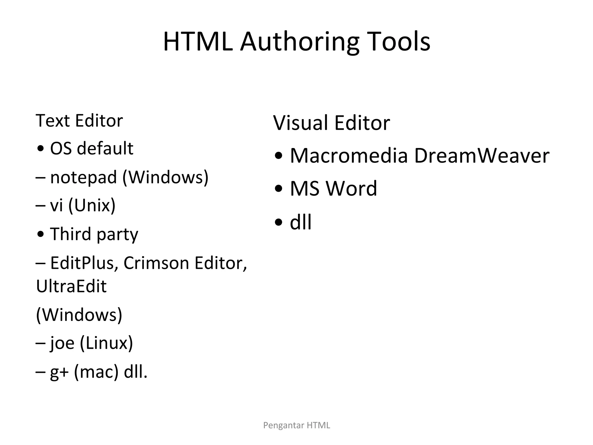 HTML	
  Authoring	
  Tools	
  
	
  
Text	
  Editor	
  
•	
  OS	
  default	
  
–	
  notepad	
  (Windows)	
  
–	
  vi	
  (Unix)	
  
•	
  Third	
  party	
  
–	
  EditPlus,	
  Crimson	
  Editor,	
  
UltraEdit	
  
(Windows)	
  
–	
  joe	
  (Linux)	
  
–	
  g+	
  (mac)	
  dll.	
  
	
  
Visual	
  Editor	
  
•	
  Macromedia	
  DreamWeaver	
  
•	
  MS	
  Word	
  
•	
  dll	
  
	
  
Pengantar	
  HTML	
  
 