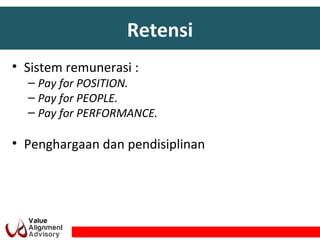Retensi
• Sistem remunerasi :
– Pay for POSITION.
– Pay for PEOPLE.
– Pay for PERFORMANCE.
• Penghargaan dan pendisiplinan
 